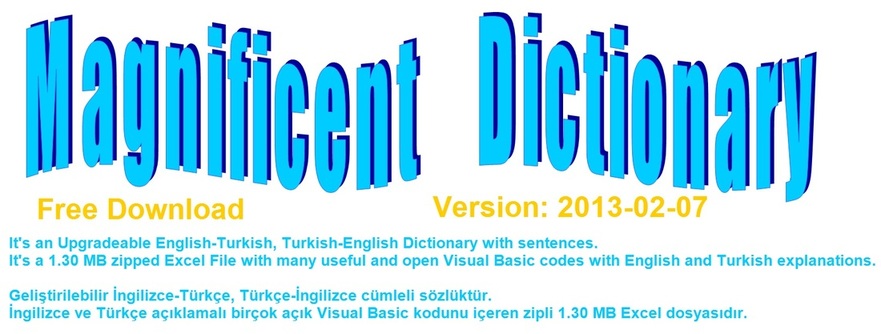 Magnificent Dictionary, free download English Turkish dictionary, Learn Visual Basic, VBA